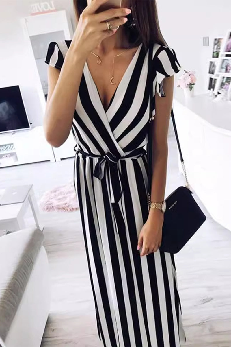 Elegant Striped Bandage V Neck A Line Short Sleeve Dress Black And White