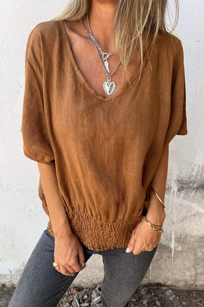 Casual Simplicity Solid V Neck T-Shirts Light Brown