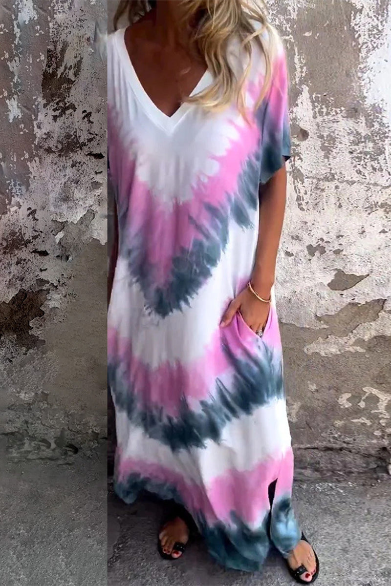 Casual Print Tie Dye Pocket V Neck A Line Short Sleeve Dress(4 Colors) Pink