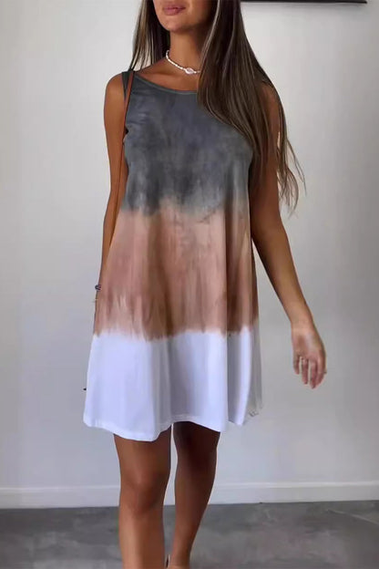 Casual Gradient Print Tie Dye Contrast O Neck Sleeveless Dresses Gray Pink