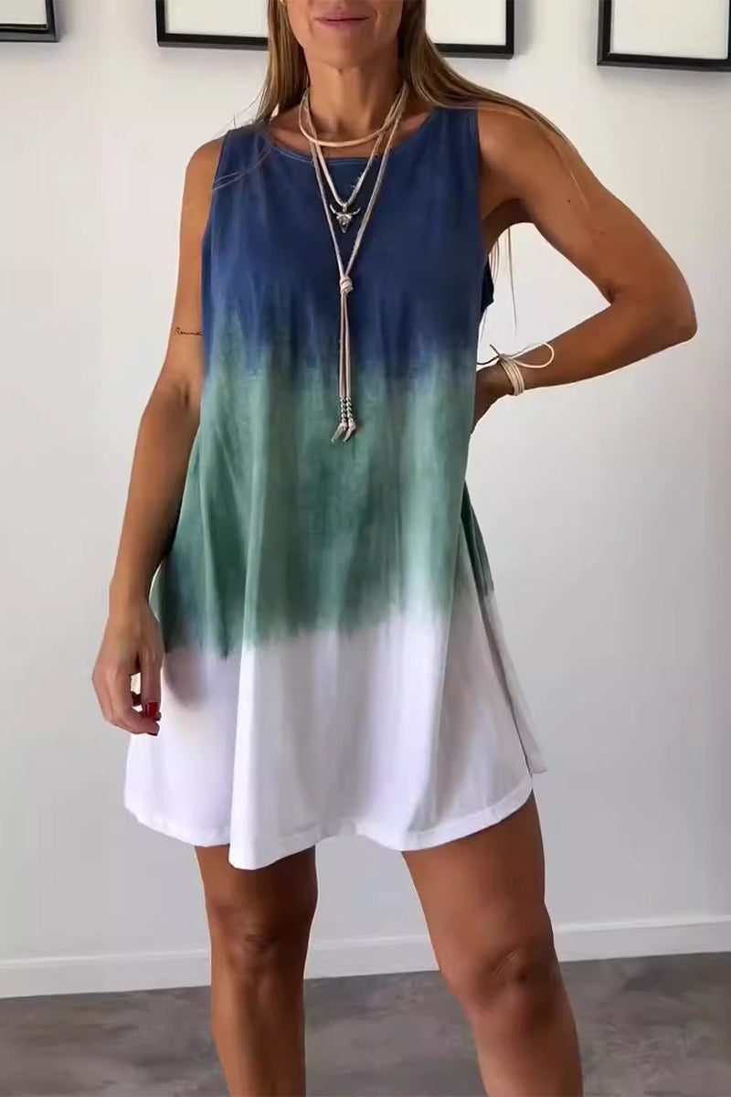 Casual Gradient Print Tie Dye Contrast O Neck Sleeveless Dresses