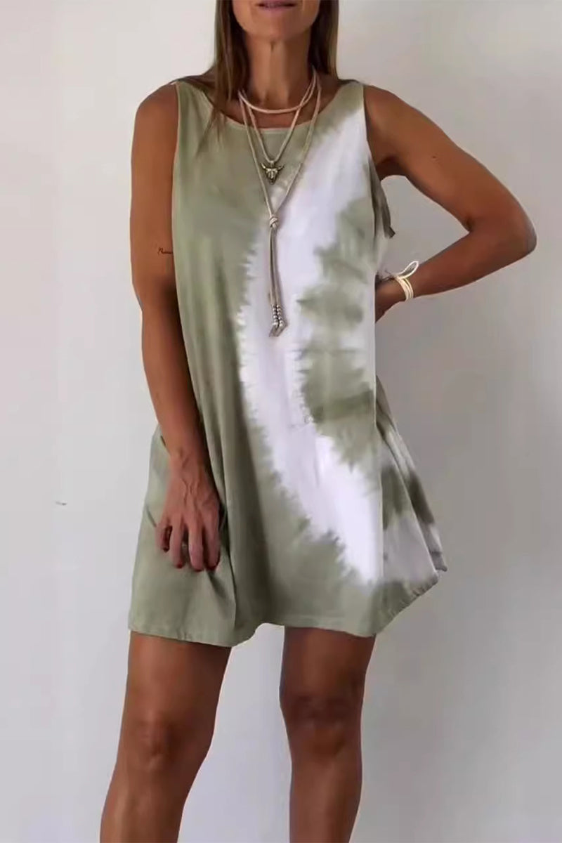 Casual Gradient Print Tie Dye Contrast O Neck Sleeveless Dresses White Khaki