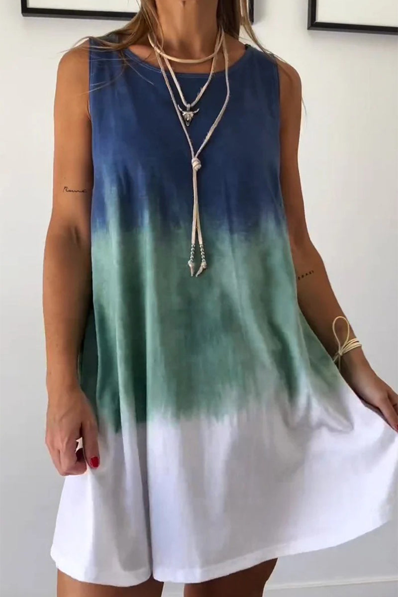 Casual Gradient Print Tie Dye Contrast O Neck Sleeveless Dresses