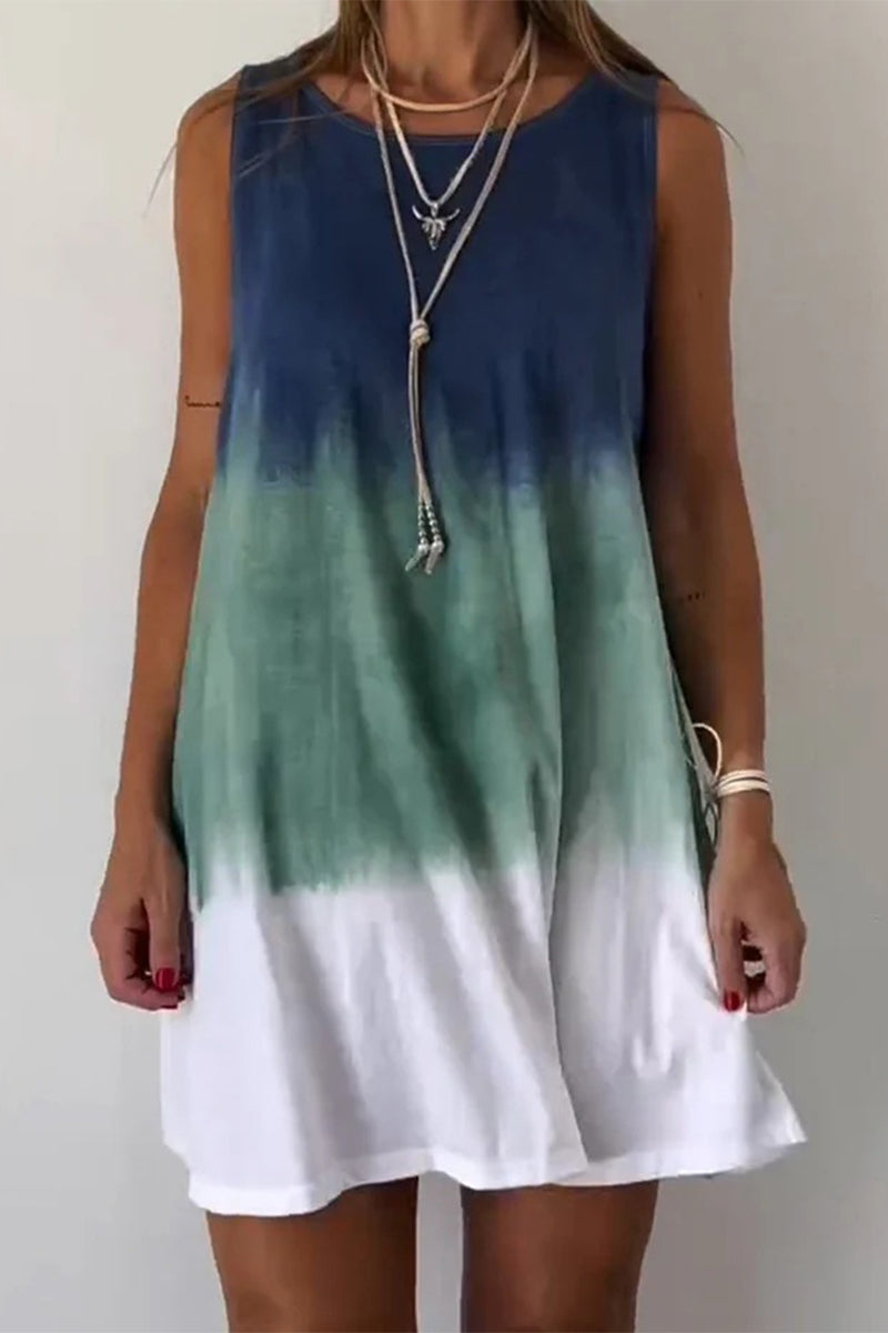 Casual Gradient Print Tie Dye Contrast O Neck Sleeveless Dresses Turquoise