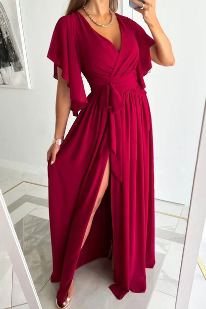 Elegant Solid Frenulum Flounce V Neck A Line Dresses(4 Colors) Red