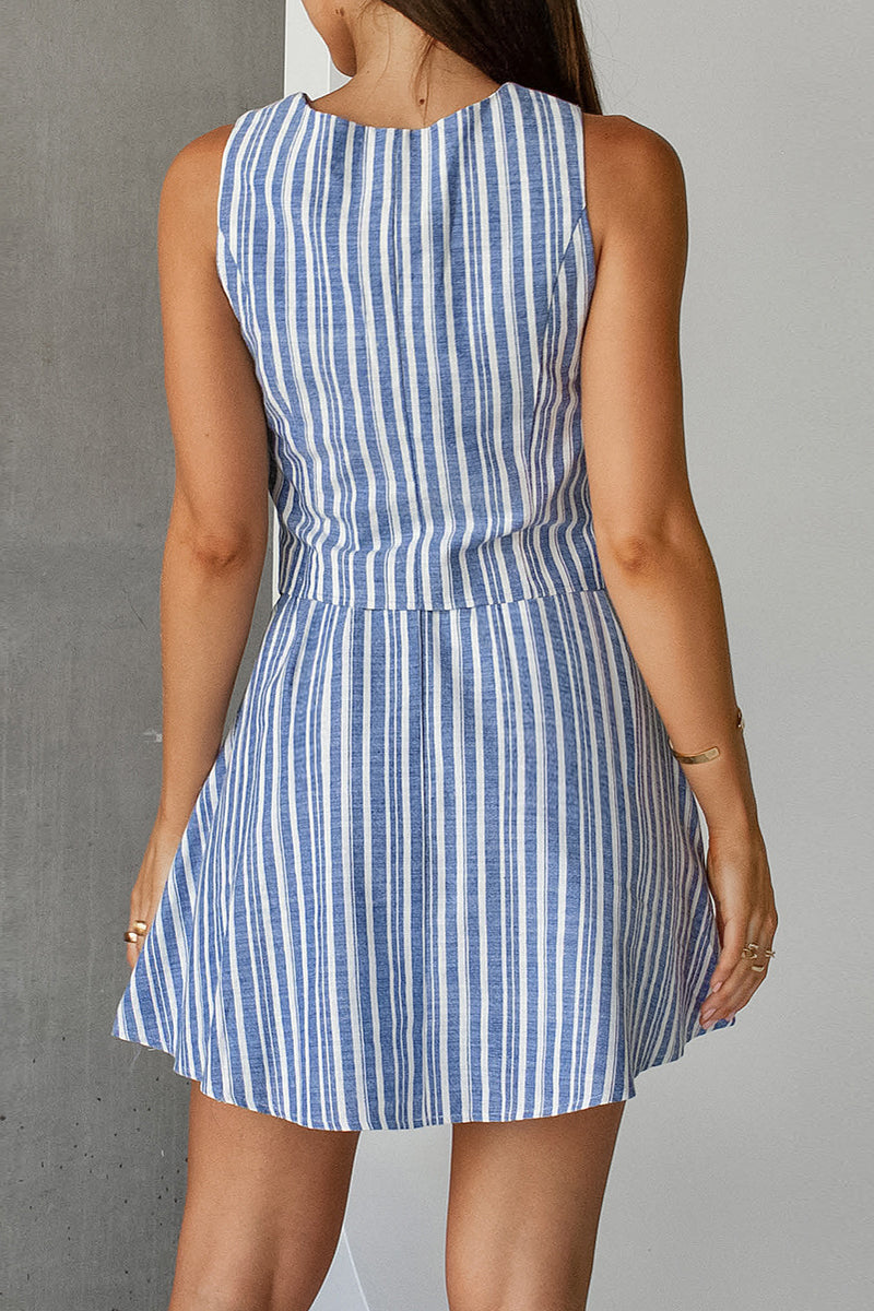 Work Elegant Striped Contrast V Neck Sleeveless Two Pieces