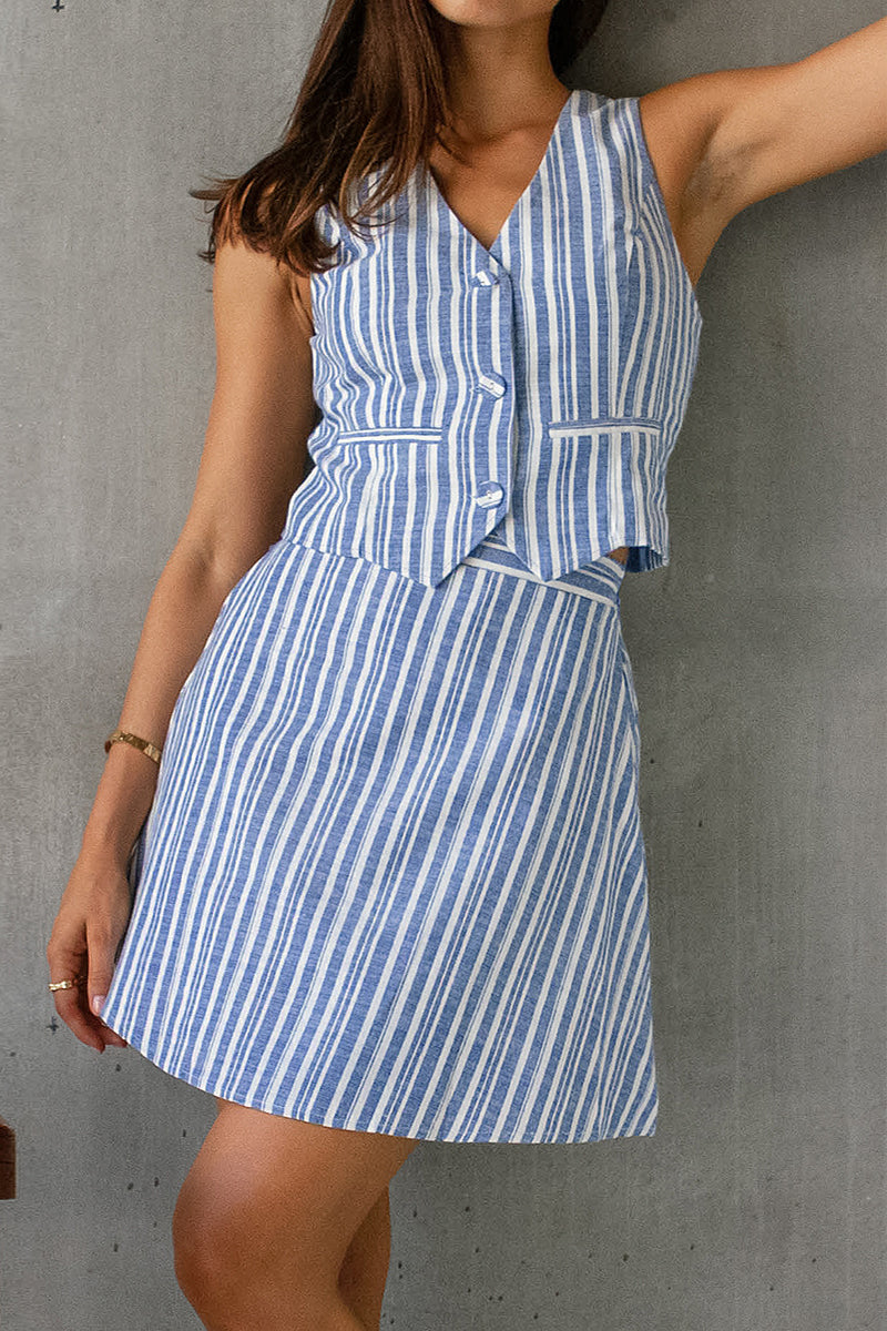 Work Elegant Striped Contrast V Neck Sleeveless Two Pieces Blue