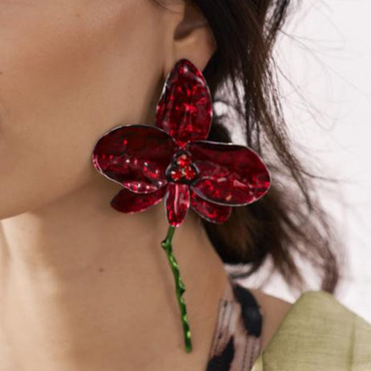 Casual Daily Flowers Patchwork Earrings Red One Size