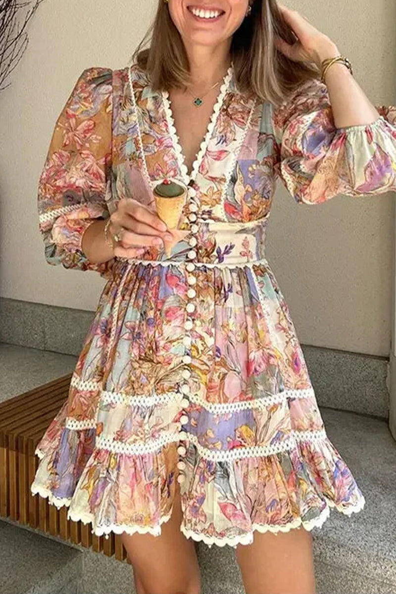 Vintage Elegant Print Buttons V Neck A Line Dresses Multicolor