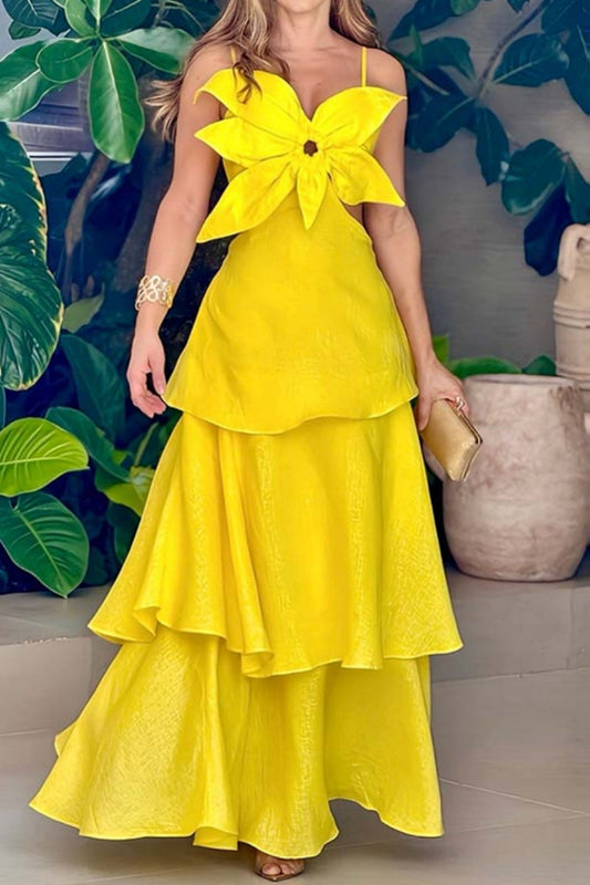 Sexy Solid Patchwork Backless Spaghetti Strap Long Dresses Yellow