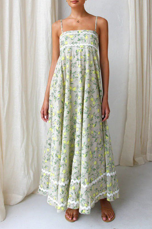 Casual Ripple Fruit printing Flounce Sling Dresses Green