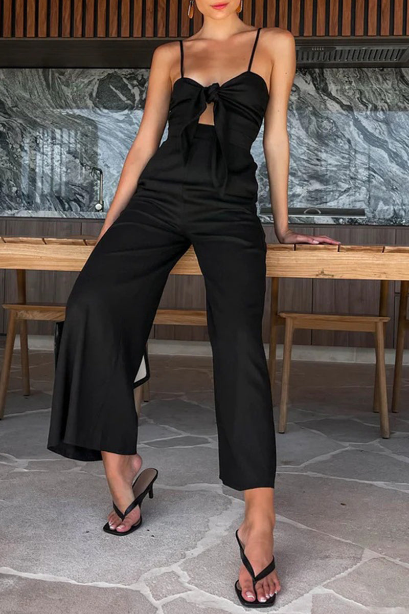 Casual Solid Pocket V Neck Loose Jumpsuits(3 Colors) Black