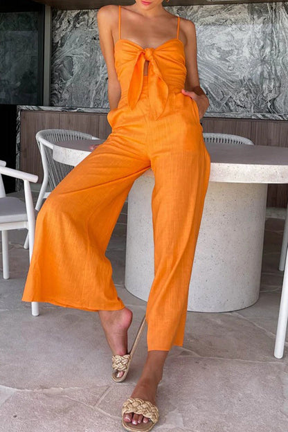 Casual Solid Pocket V Neck Loose Jumpsuits(3 Colors) Orange Yellow