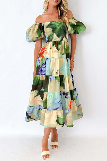 Elegant Floral Patchwork Off the Shoulder A Line Dresses(3 Colors)