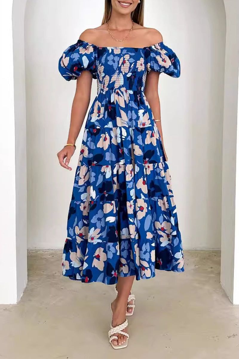 Elegant Floral Patchwork Off the Shoulder A Line Dresses(3 Colors) Deep Blue