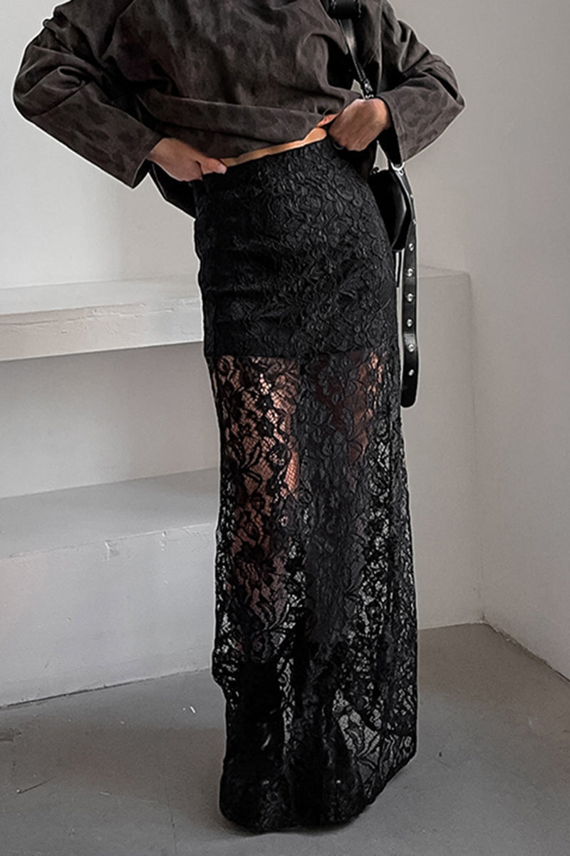 Sexy Solid Lace See-through Straight High Waist Solid Color Bottoms Black