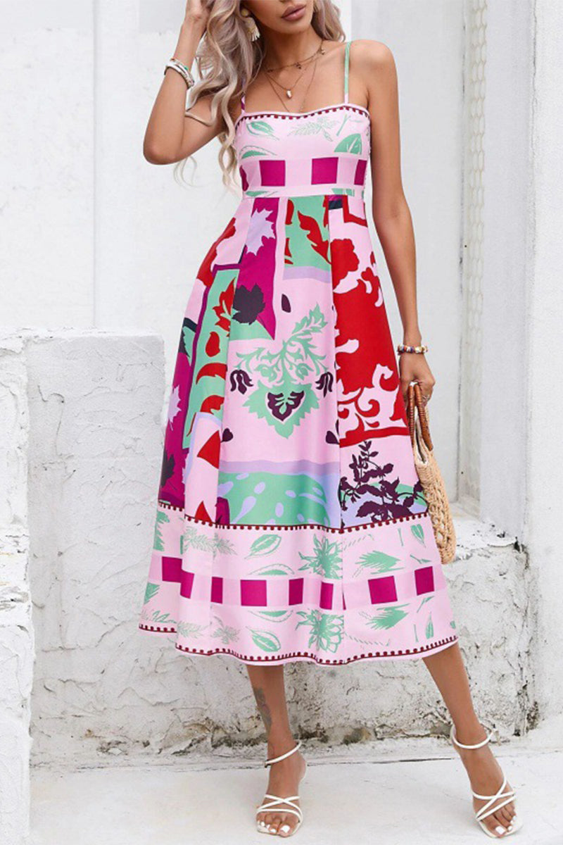 Casual Mixed Printing Contrast Square Collar Sling Dresses Rose Red