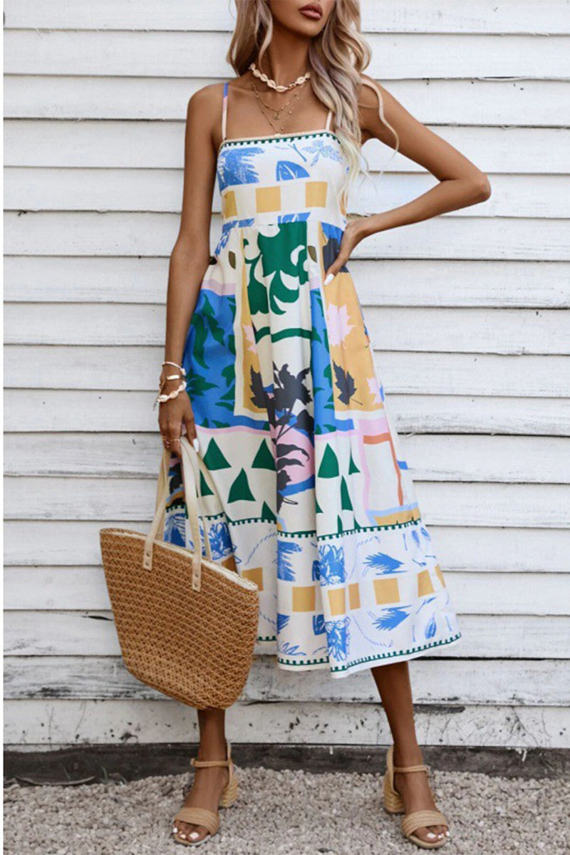 Casual Mixed Printing Contrast Square Collar Sling Dresses Blue