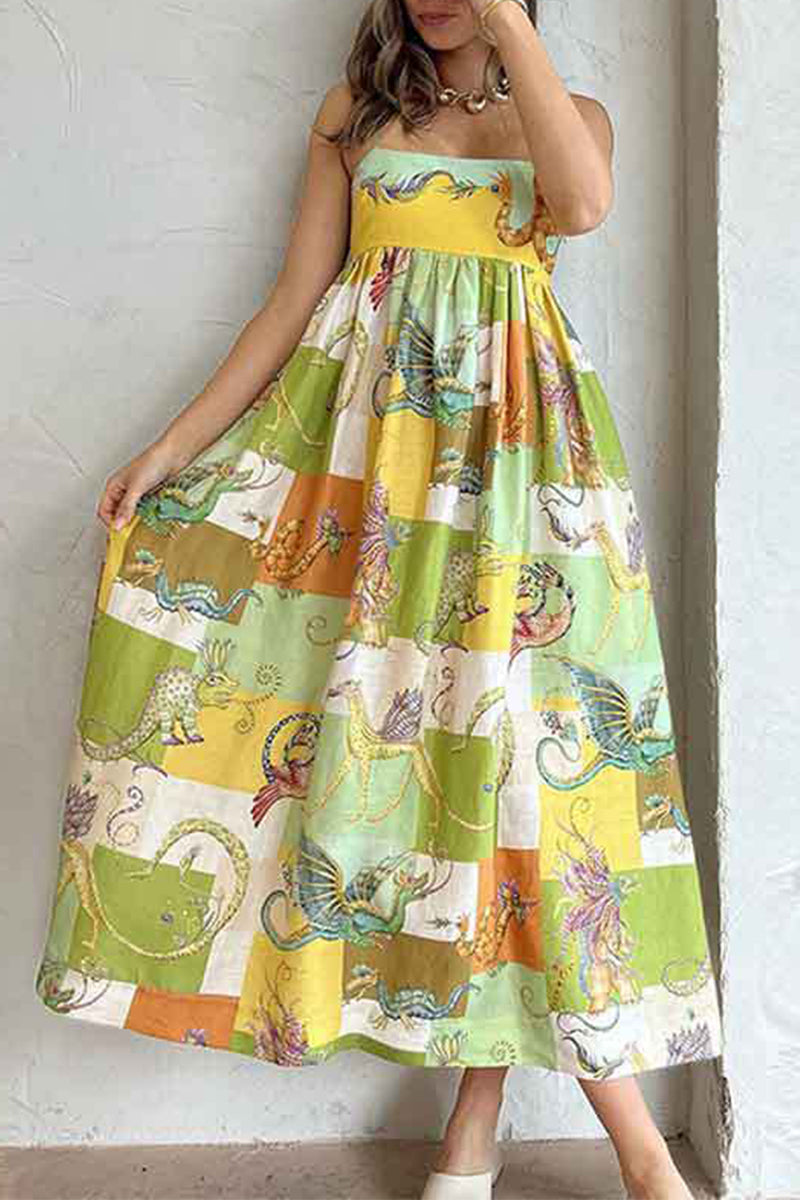 Casual Mixed Printing Contrast Square Collar Sling Dresses Yellow