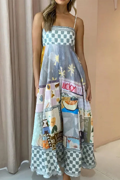 Casual Mixed Printing Contrast Square Collar Sling Dresses Baby Blue