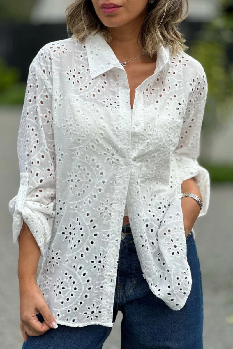 Casual Solid Hollowed Out Turndown Collar Tops White