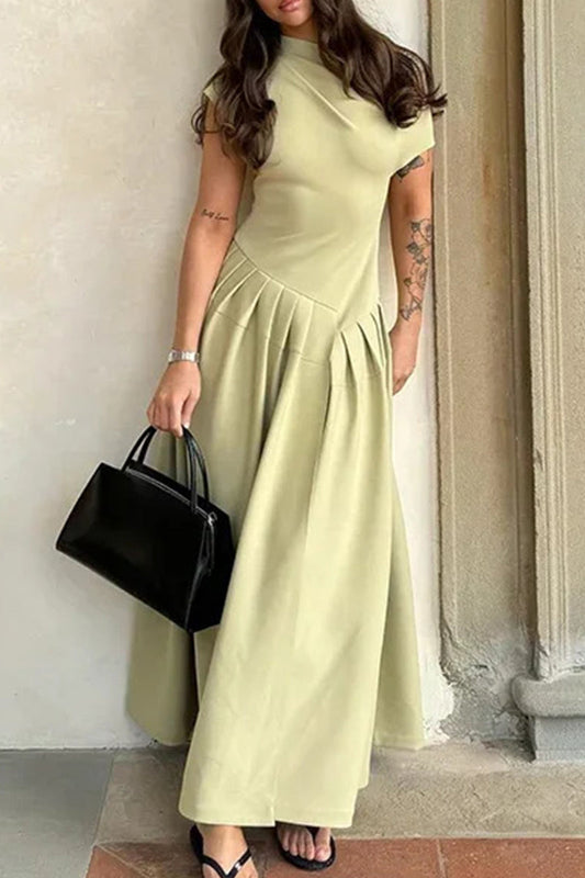 Elegant Simplicity Solid Fold Oblique Collar A Line Dresses Green