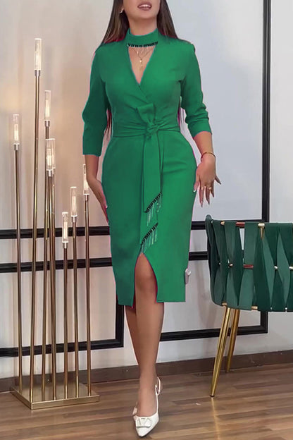 Elegant Solid Tassel Hollowed Out Slit Half A Turtleneck Irregular Dresses Green