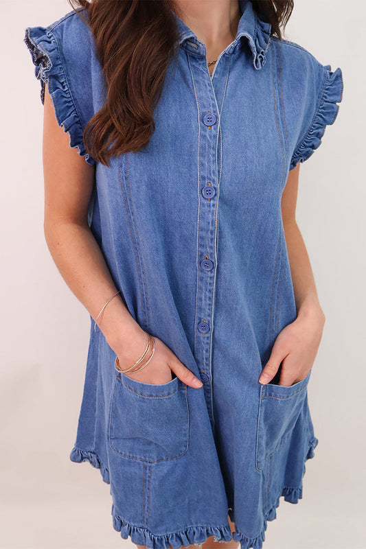 Casual Daily Solid Color Distressed Pocket Ruffle Shirt Collar Short Sleeve Loose Denim Dresses The cowboy blue