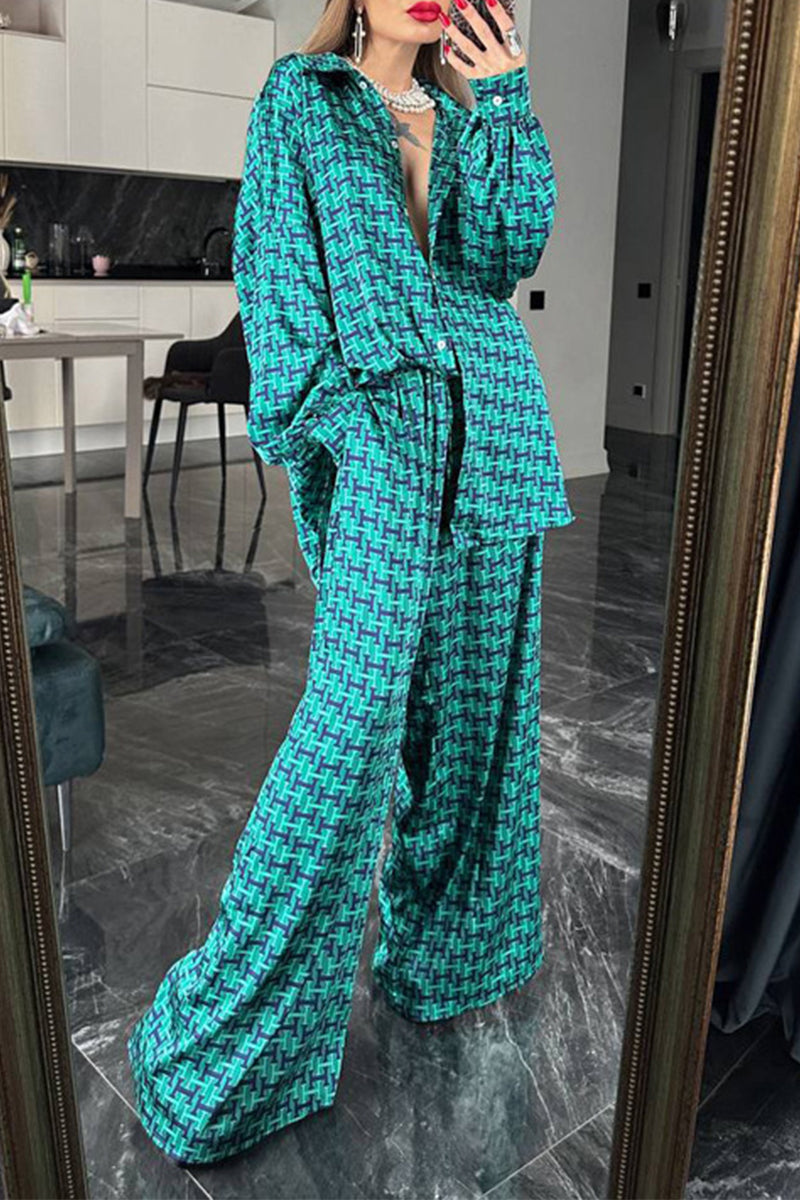 Casual Daily Geometric Print Contrast Turndown Collar Long Sleeve Two Pieces Green