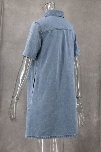 Casual Daily Solid Color Buttons Turndown Collar Short Sleeve Loose Denim Dresses