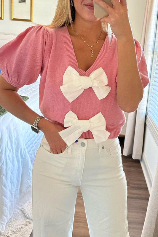 Casual Daily Solid Color Bow Decor V Neck Tops Pink