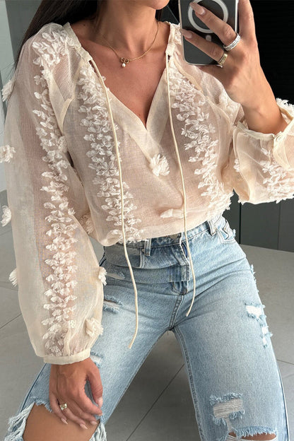 Sexy Jacquard Solid Color Lace Up See-Through V Neck Blouses(3 Colors) Apricot