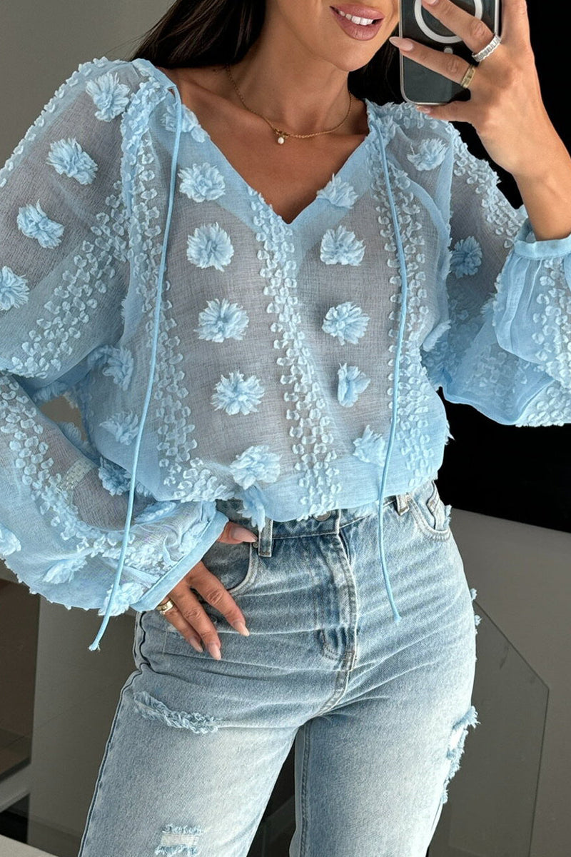 Sexy Jacquard Solid Color Lace Up See-Through V Neck Blouses(3 Colors)