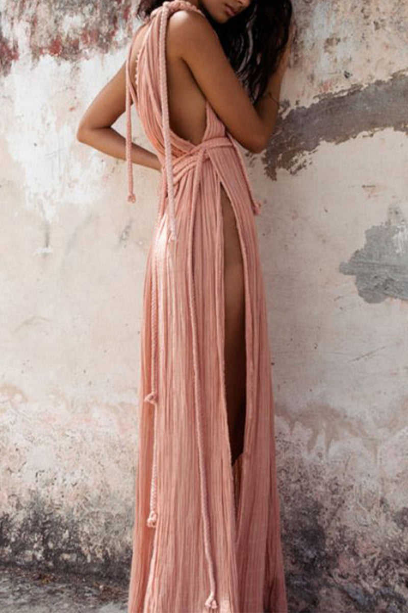 Sexy Vacation Solid Color Slit Strap Design V Neck Beach Dresses Pink One Size