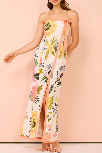 Sexy Floral Print Lace Up Slit Strapless Printed Dresses