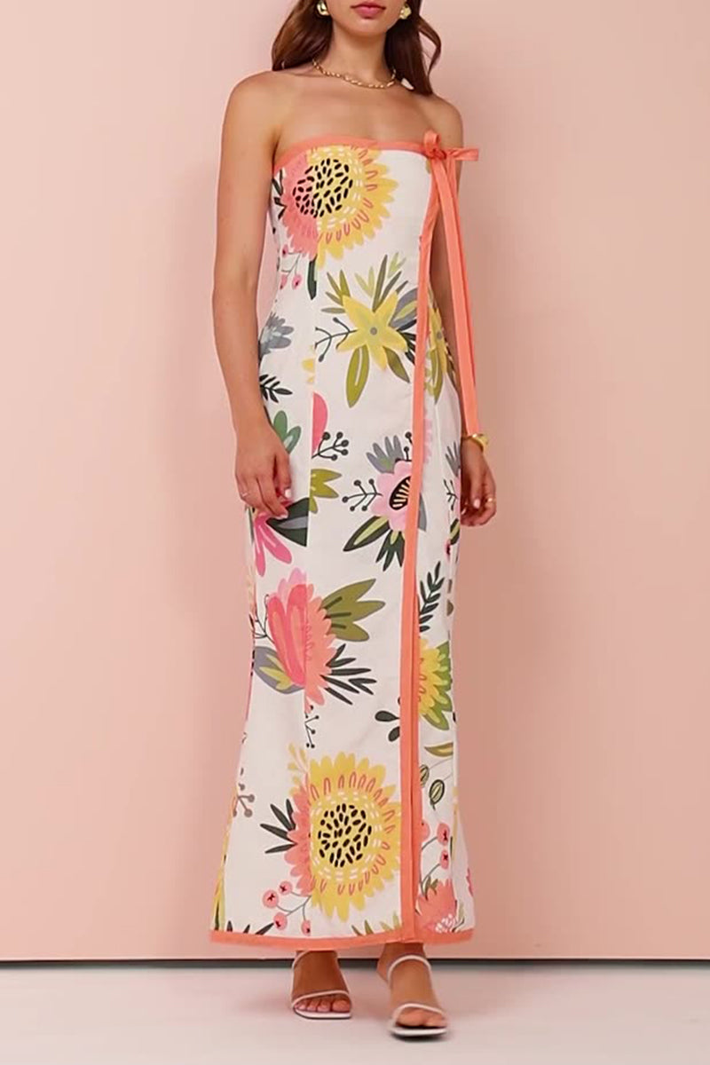 Sexy Floral Print Lace Up Slit Strapless Printed Dresses