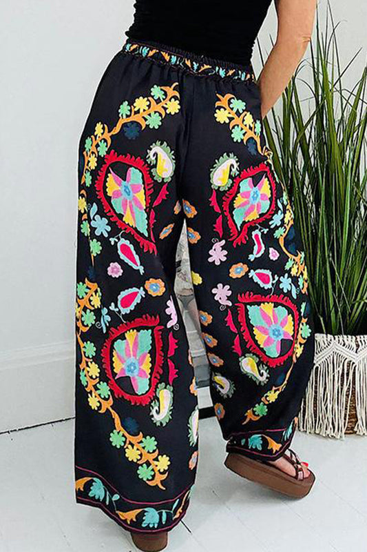 Casual Street Graffiti Print Flowers Print Pocket Loose High Waist Wide Leg Full Print Bottoms(3 Colors) Black