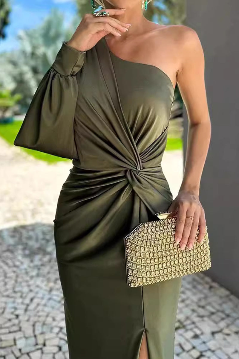 Sexy Solid Color Slit Ruched Knotted Sloping Shoulder Long Dresses