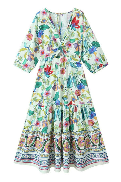 Sexy Floral Print Hollow Out Ruched V Neck A Line Dresses