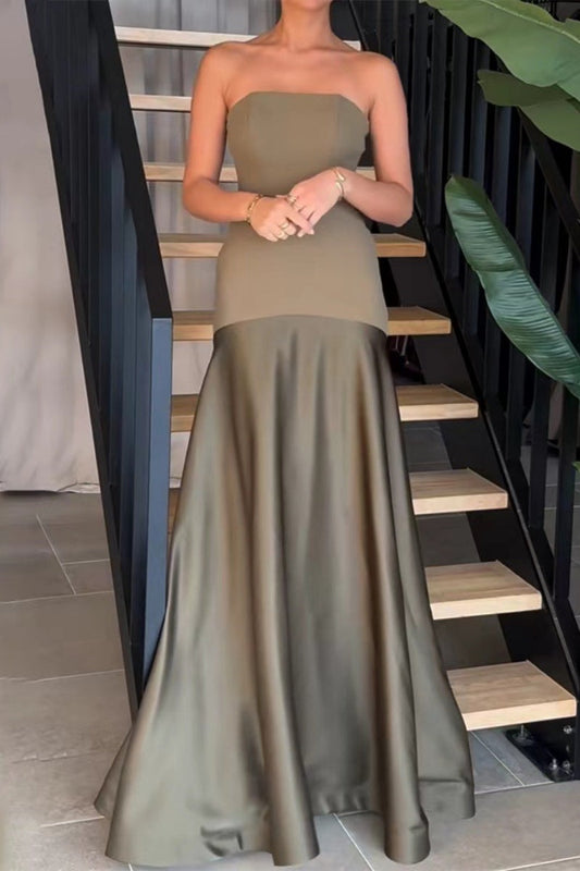 Sexy Formal Patchwork Backless Contrast Strapless Long Dresses Army Green