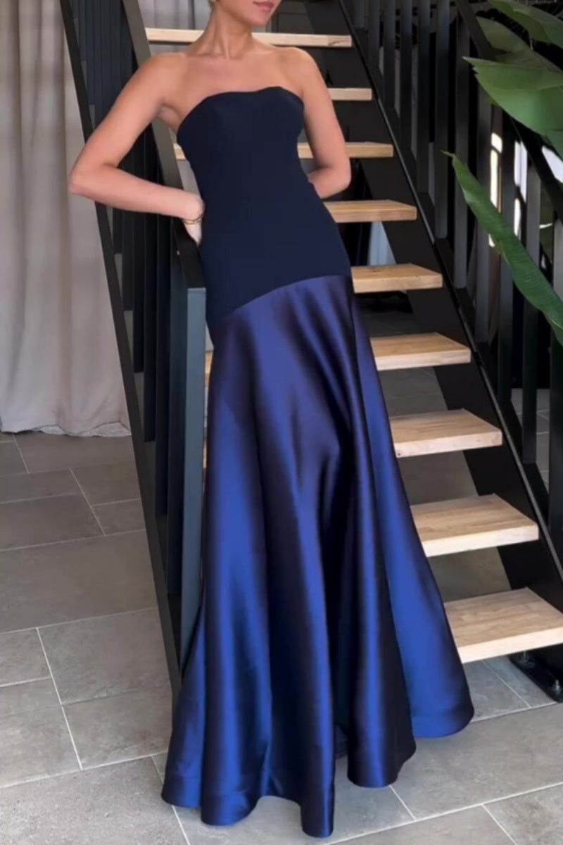 Sexy Formal Patchwork Backless Contrast Strapless Long Dresses