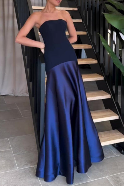 Sexy Formal Patchwork Backless Contrast Strapless Long Dresses