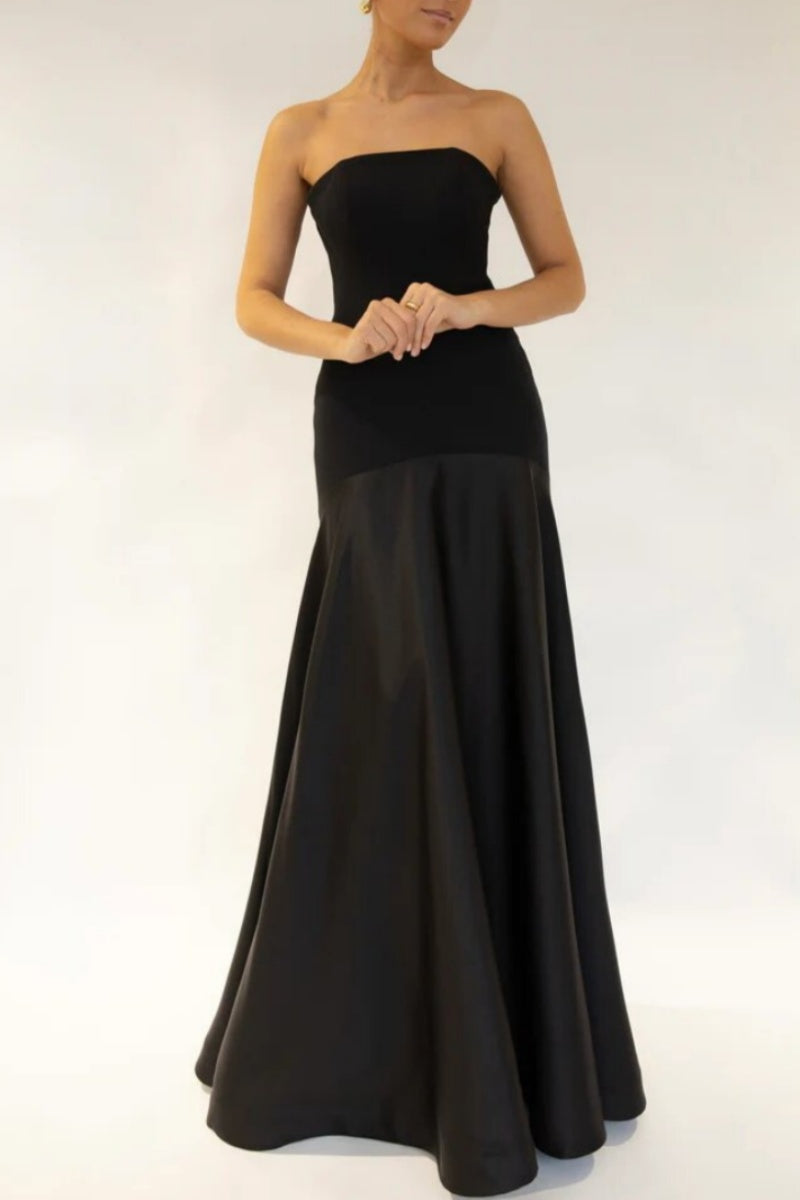 Sexy Formal Patchwork Backless Contrast Strapless Long Dresses Black