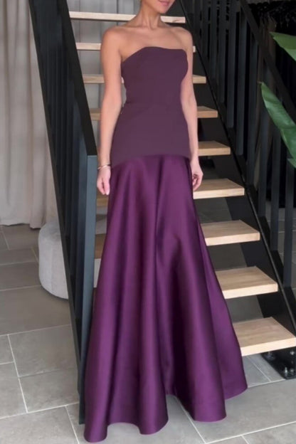 Sexy Formal Patchwork Backless Contrast Strapless Long Dresses Purple