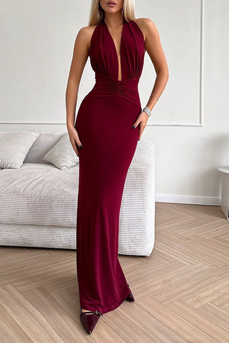 Sexy Solid Color Backless Ruched Halter Evening Dresses Red