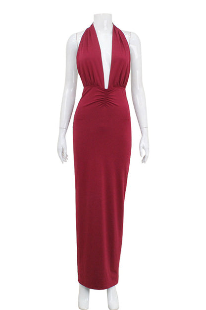 Sexy Solid Color Backless Ruched Halter Evening Dresses