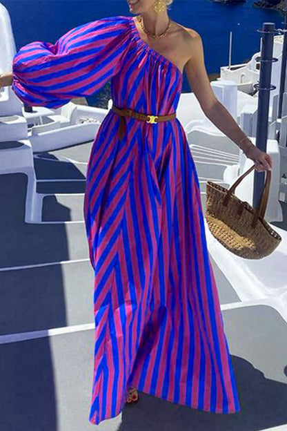 Casual Vacation Striped Print With Belt Oblique Collar Irregular Dresses