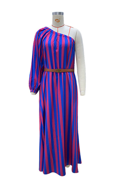 Casual Vacation Striped Print With Belt Oblique Collar Irregular Dresses