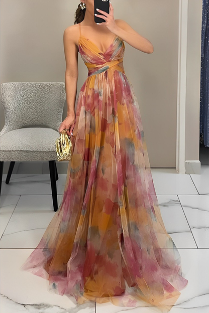 Sexy Gradient Print Backless Contrast V Neck Long Dresses Multicolor