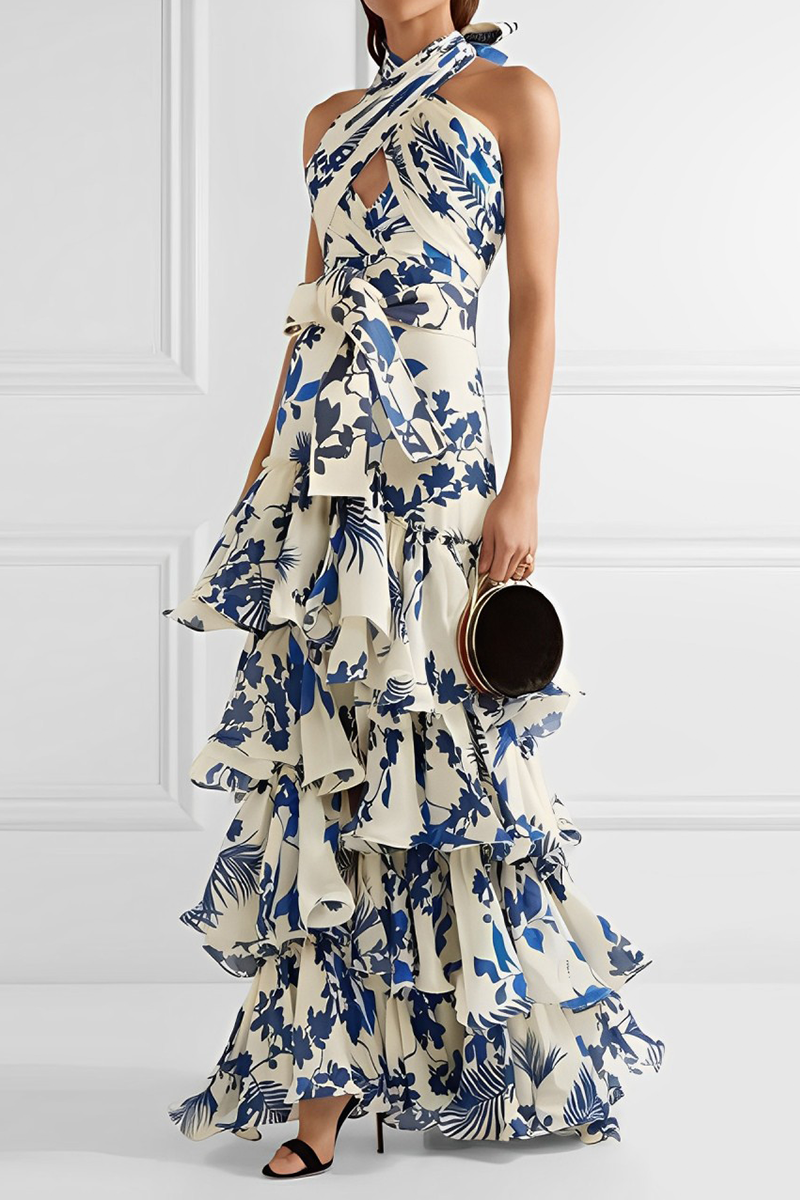 Elegant Floral Flounce Asymmetrical Halter Irregular Dresses Blue